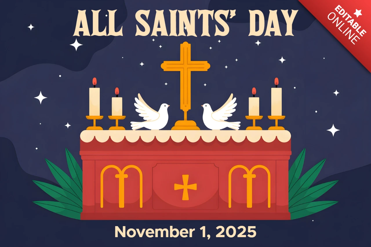 All Saints’ Day Reverent Poster with Red Altar, Candles & Night Sky Greeting Card Design Template