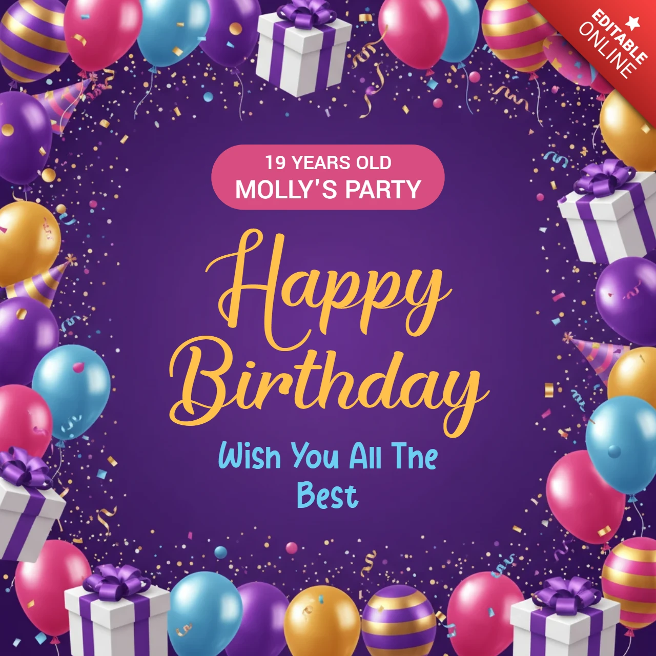 Geburtstagsparty-Plakat bunte Ballons, Konfetti und Geschenkkarton Feierdesign