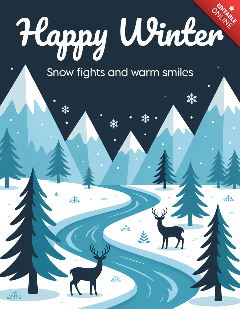Template di design invernale per biglietti d'auguri con cervi e montagne innevate