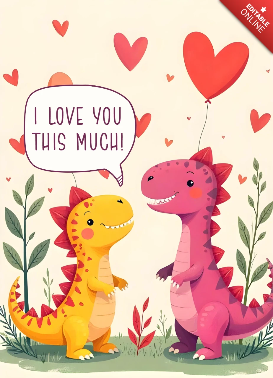 Simpática plantilla de diseño de tarjeta de amor de dinosaurio para el día de San Valentín y ocasiones románticas
