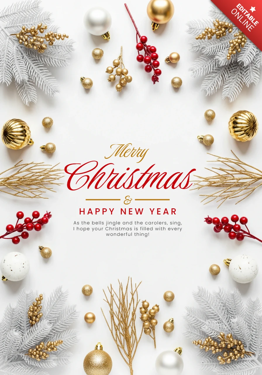 Christmas Greeting Card with White Background, Silver Pine Branches, Gold Ornaments, and Red Berries