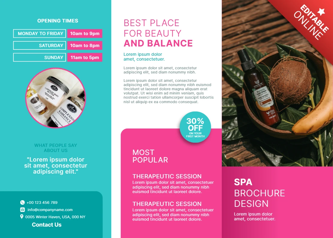 Brochure per spa con elementi naturali e design moderno per la promozione del benessere
