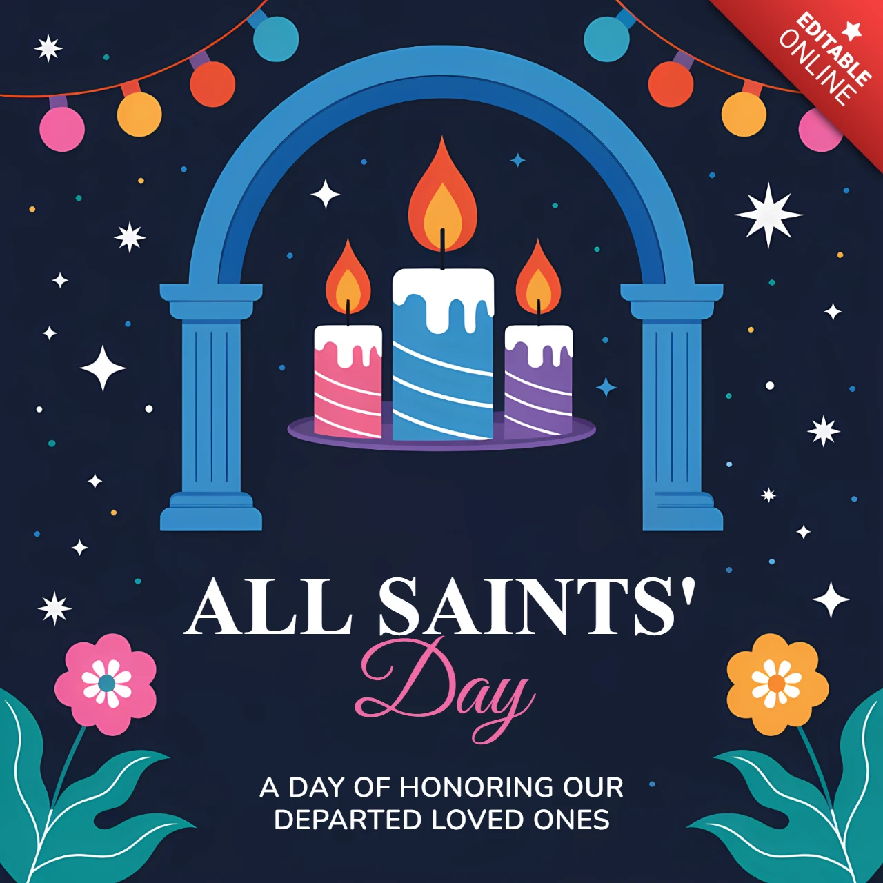 Colorful Candle Design Template for All Saints' Day Greeting Card