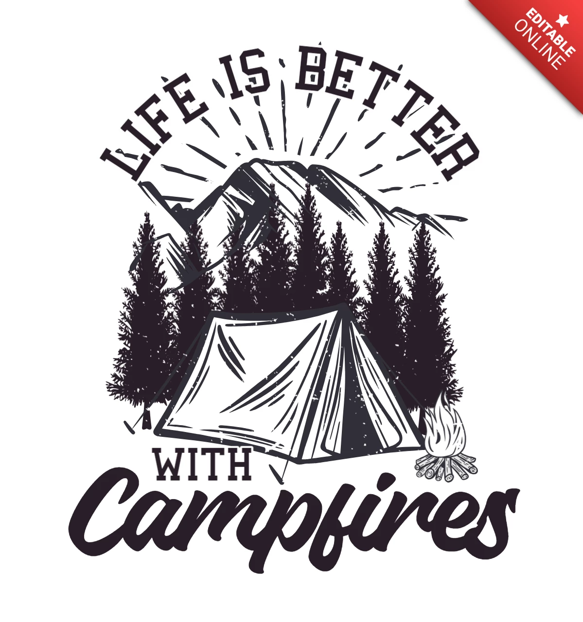 Campingzelt und Berglandschaft Vintage T-Shirt Design-Vorlage