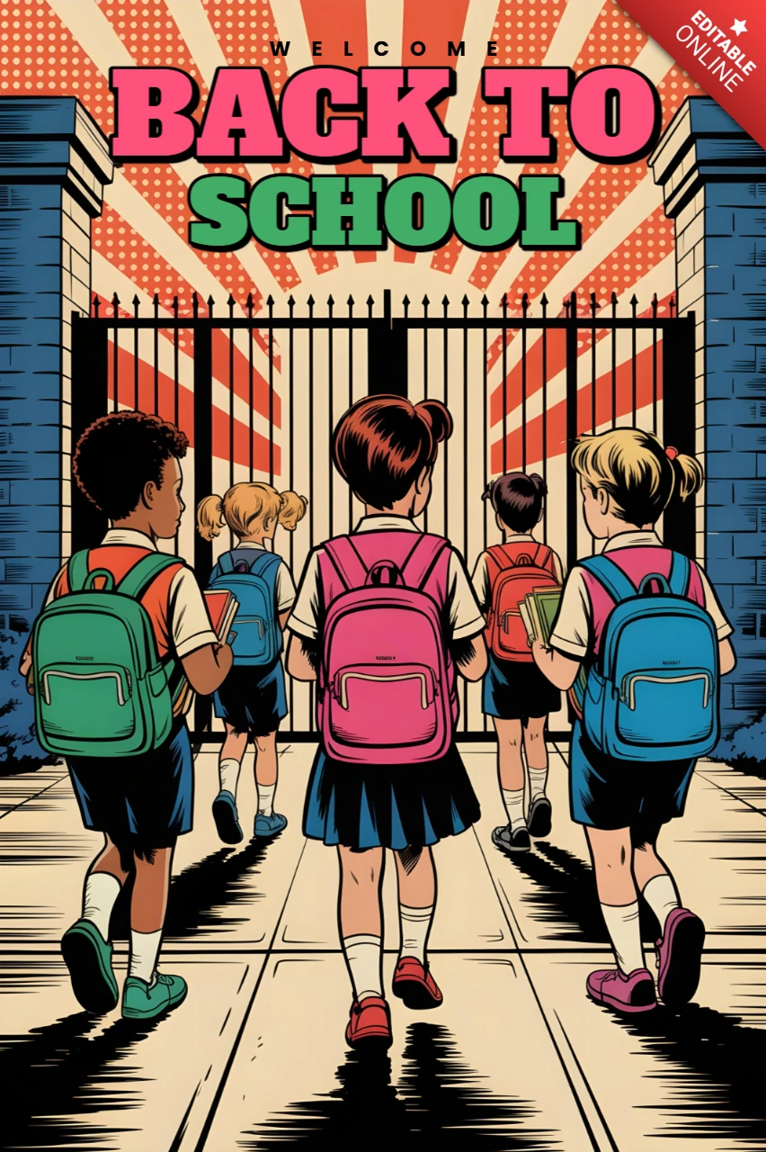 Back to School Students Walking Toward Iron School Gate with Brick Path and Comic Burst Poster Design Template