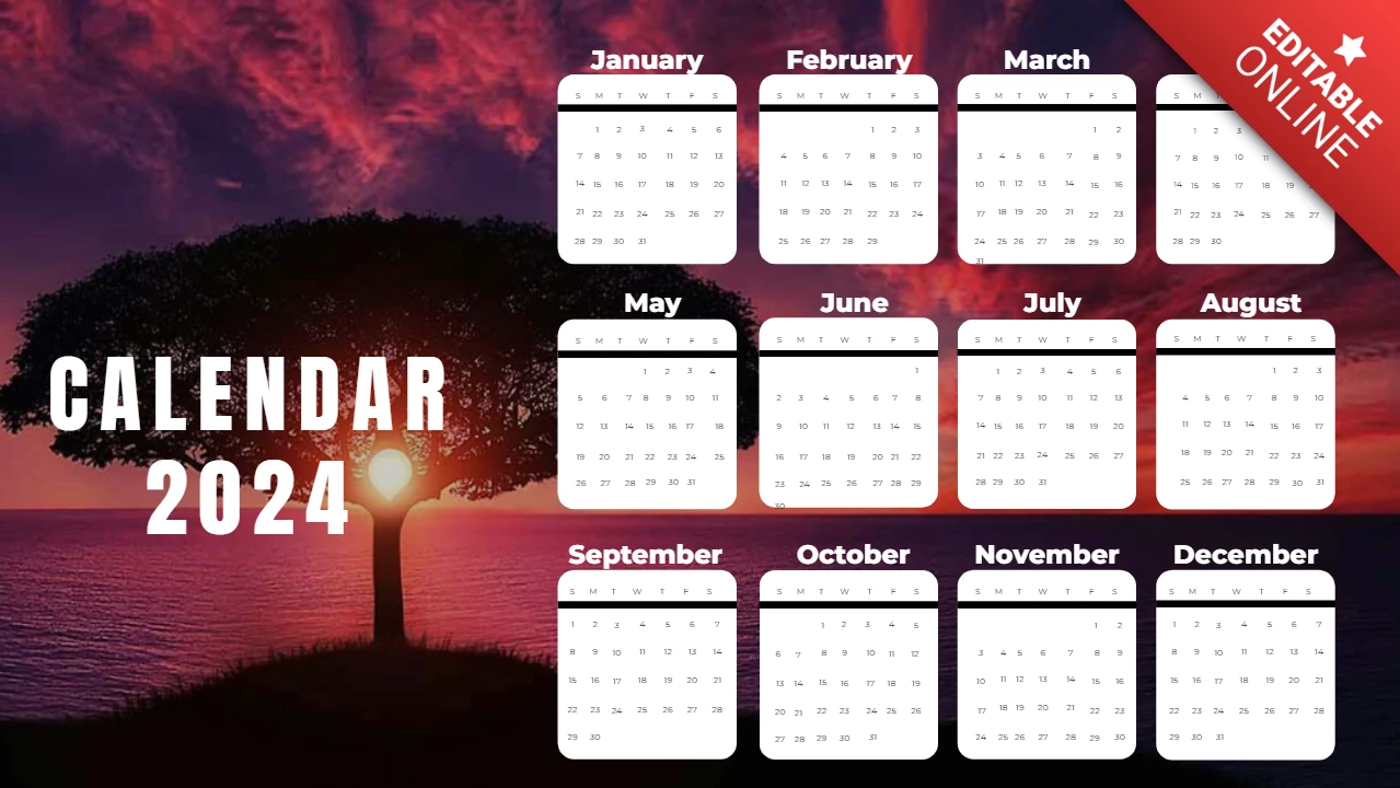 Photo d'un coucher de soleil rouge en arrière-plan, modèle de calendrier annuel créatif