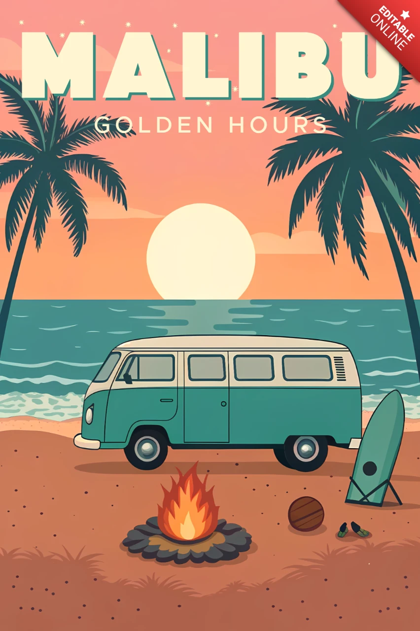 Template di design retro per poster di viaggio a Malibu