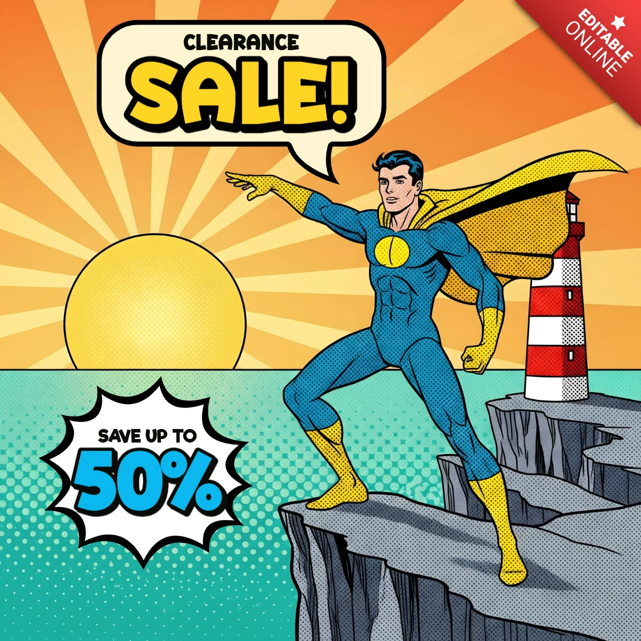Klippenrand-Superhelden-Comics-Stil Räumungsverkaufs-Kunst mit Leuchtturm-Designvorlage für Werbeflyer