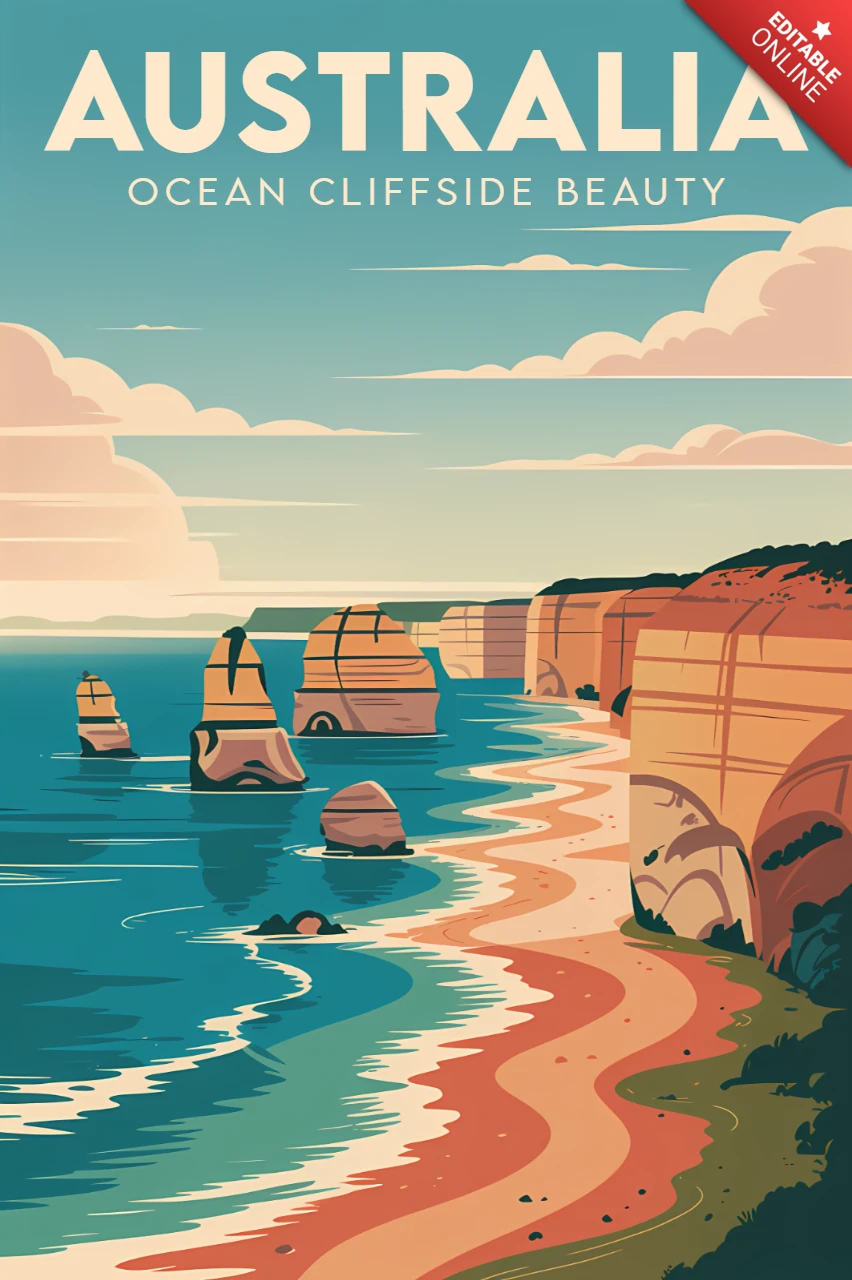 Bellezza delle scogliere oceaniche australiane, template retro per poster
