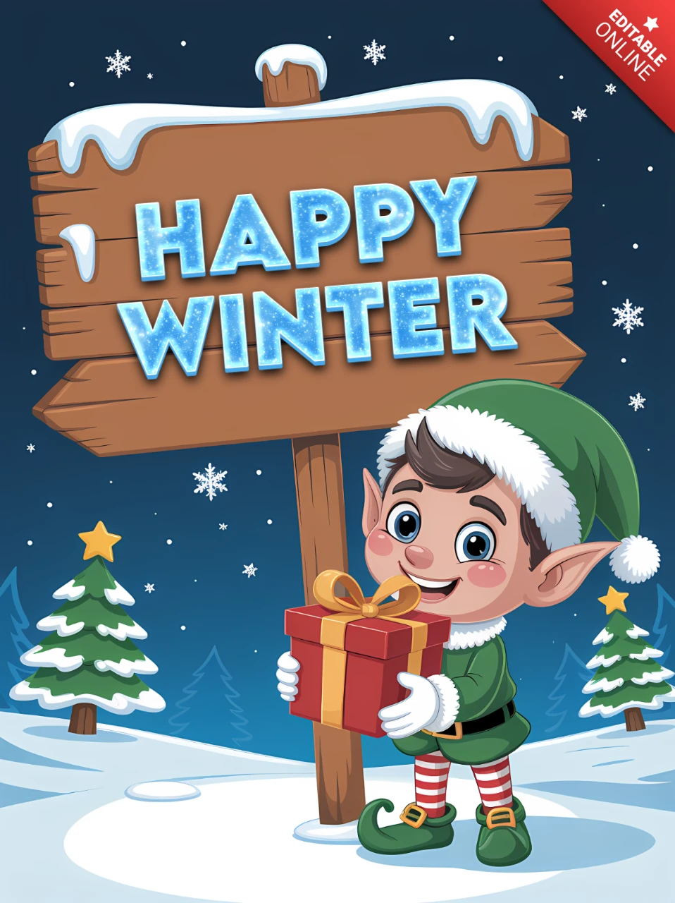 Fröhliches Winter-Cartoon-Design-Template für Feiertagsgrußkarten mit einem Elf und einem Geschenk