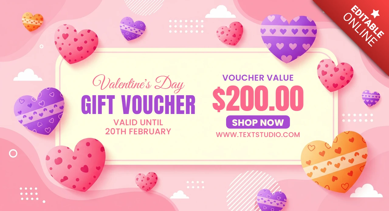 Modèle de bon cadeau pour la Saint-Valentin avec des cœurs décoratifs, des fleurs et un fond rose festif pour des promotions romantiques.