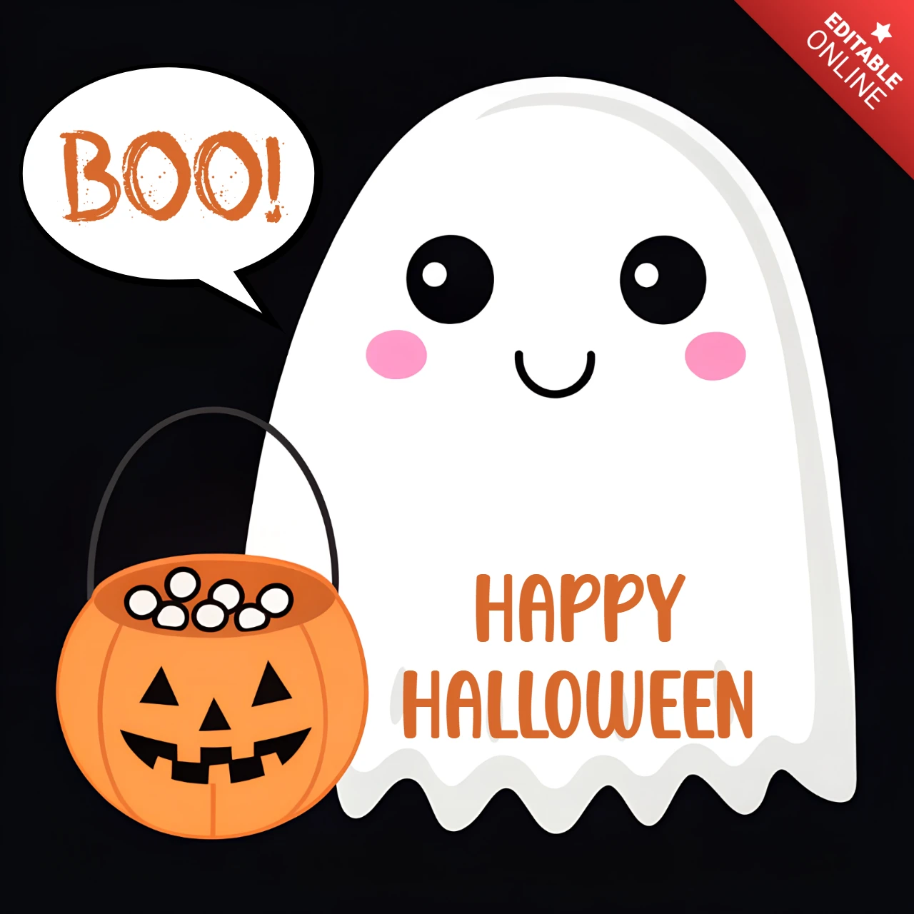 Playful Cute Kawaii Ghost Halloween Design Template for Greeting Cards