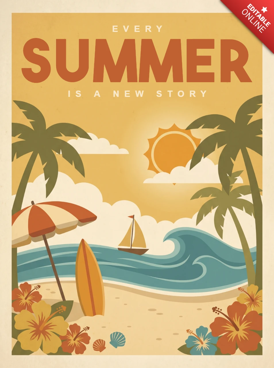 Colorful Summer Beach Poster Featuring Palm Trees, Surfboard, Sailboat, Ocean Wave, Bright Sun and Relaxing Holiday Vibes