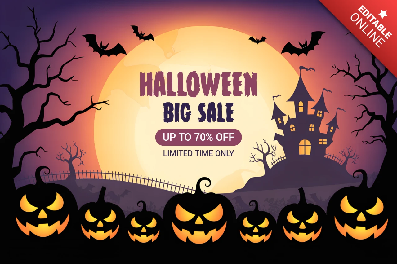 Plantilla de diseño de venta de Halloween espeluznante con casa embrujada y calabazas para volantes