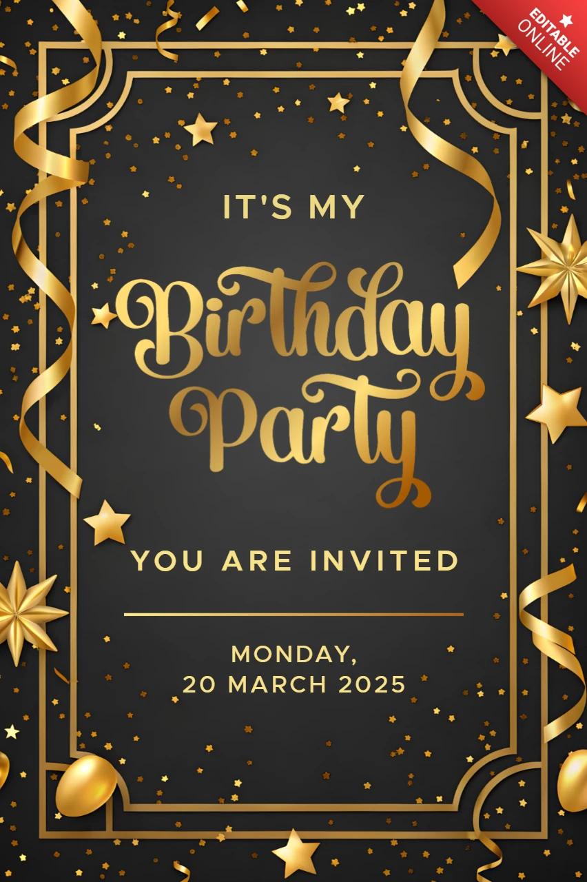 Elegant Gold and Black Birthday Party Invitation Template Design
