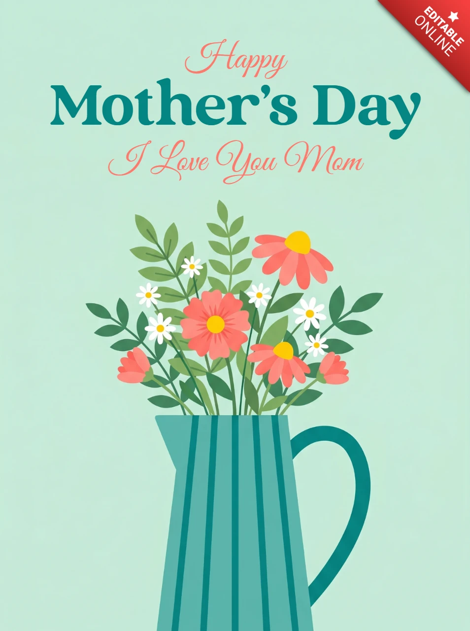 Biglietto di auguri artistico per la festa della mamma con design di brocca turchese, elegante composizione floreale ad acquerello e tipografia sentimentale