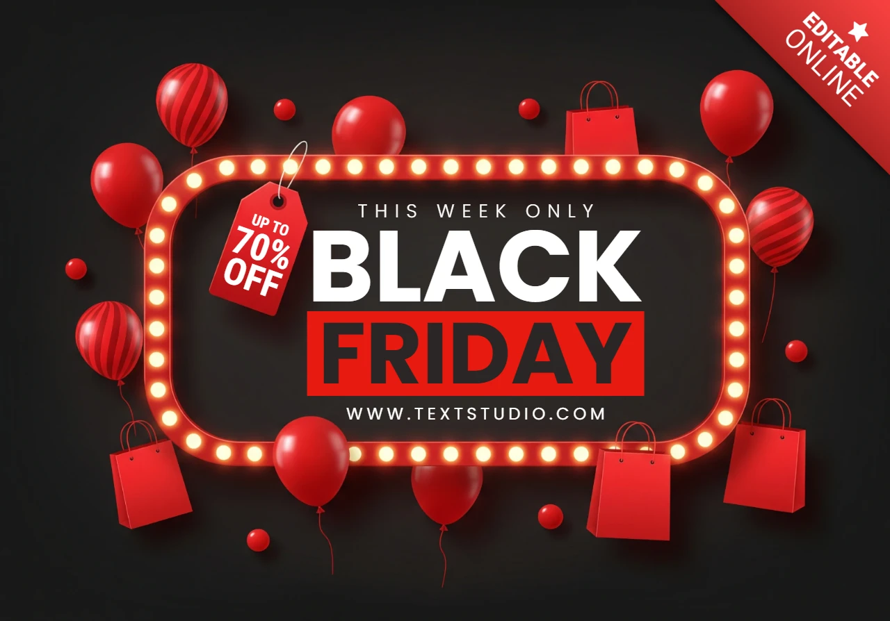 Promotion de shopping saisonnière du Black Friday avec des ballons rouges, des sacs de shopping et un design d'éclairage festif pour des flyers.