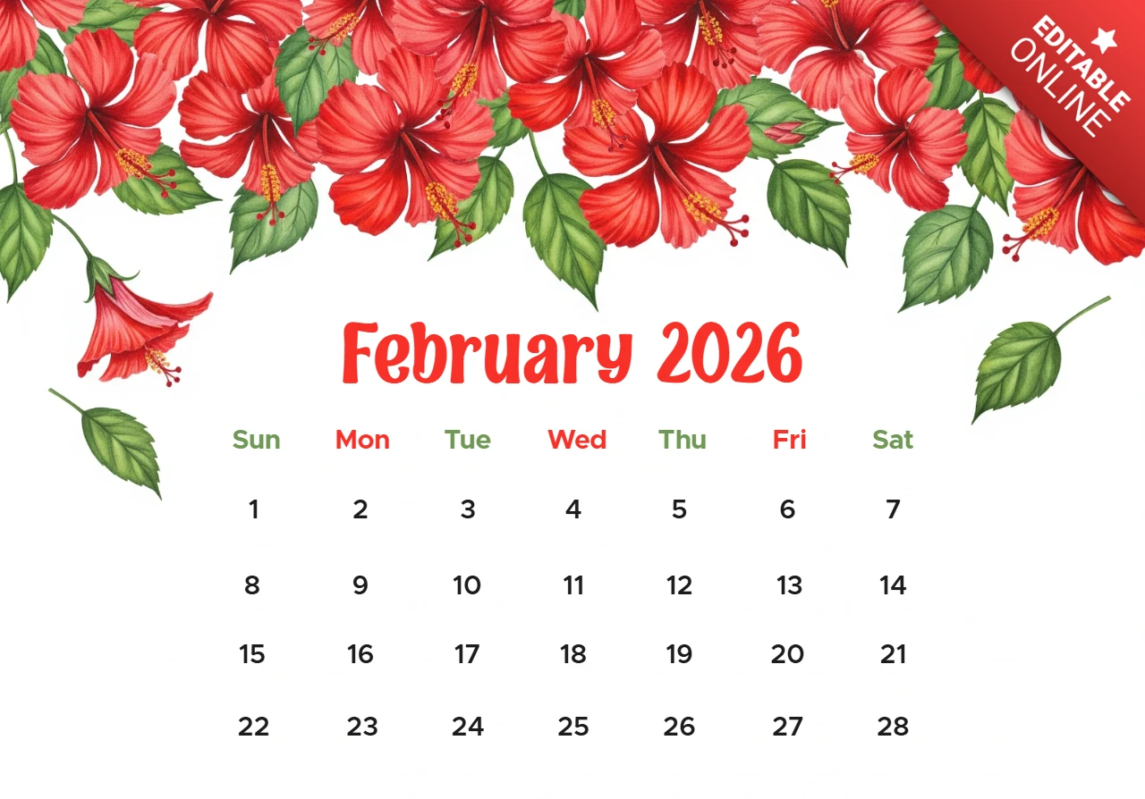 Februari 2026 kalender romantisch botanisch thema met kleurrijke weekdagaccenten en hart charme
