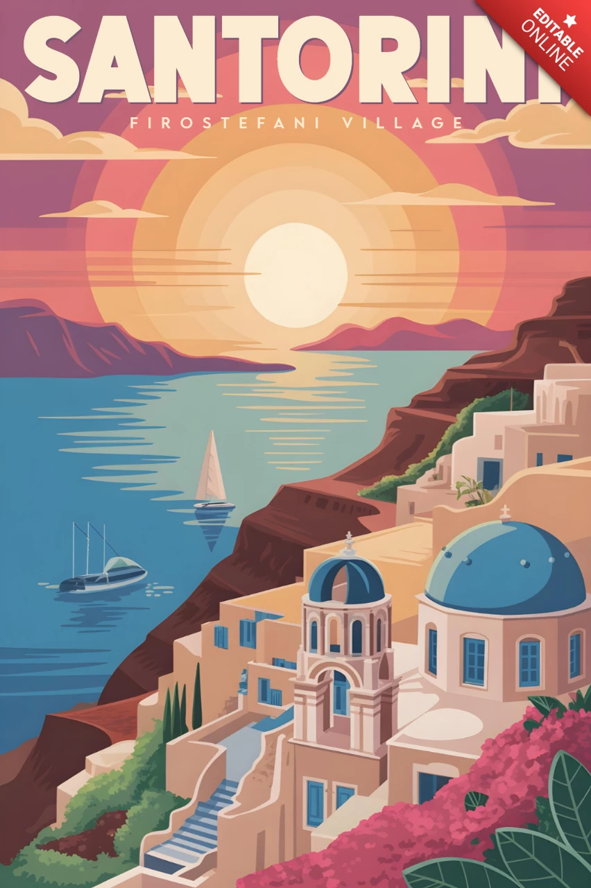 Pôsteres de viagem de Santorini com vista para o mar ao pôr do sol e cúpulas azuis da vila de Firostefani.