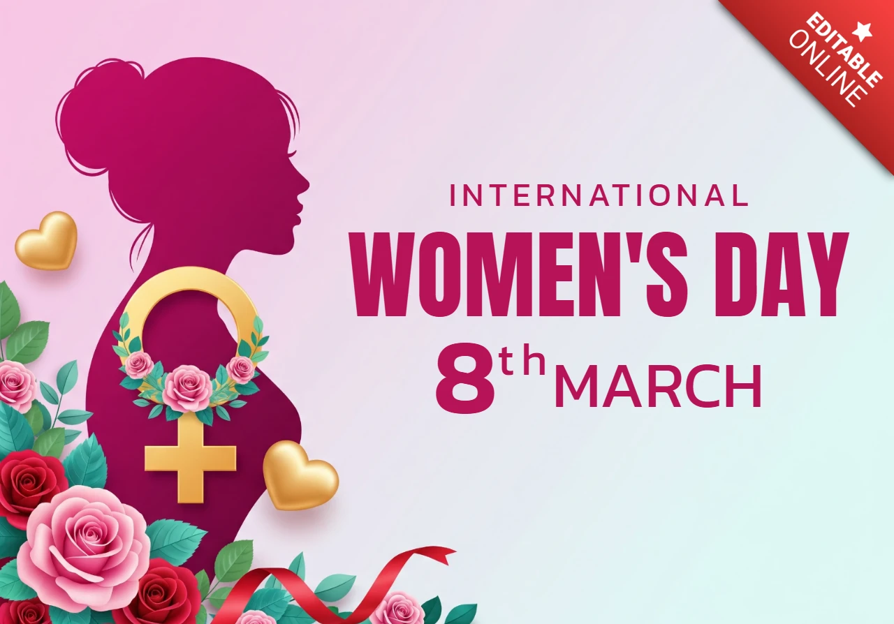 Happy Women’s Day Poster Design Template with Woman Silhouette, Flowers, and Romantic Gradient Background