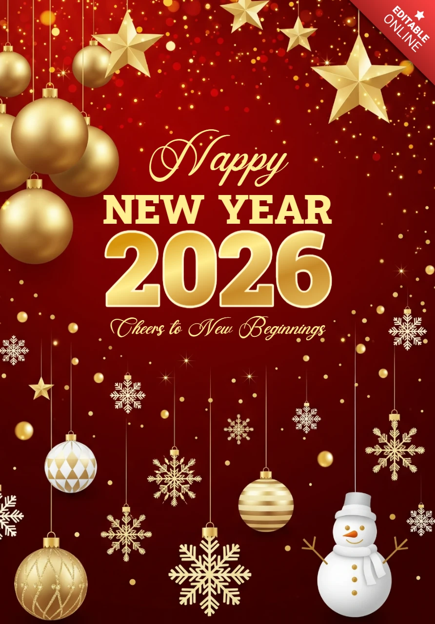 Modèle de vœux pour la nouvelle année, design festif rouge avec des boules, des flocons de neige et un message de célébration.