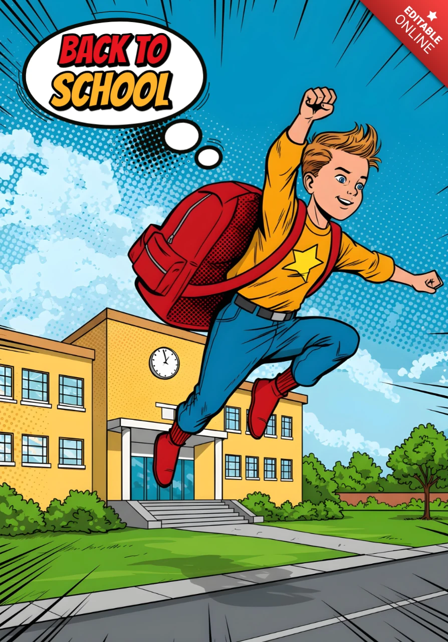 Back to School Superhero Student Flying Toward School with Star Shirt and Red Backpack Poster Design Template