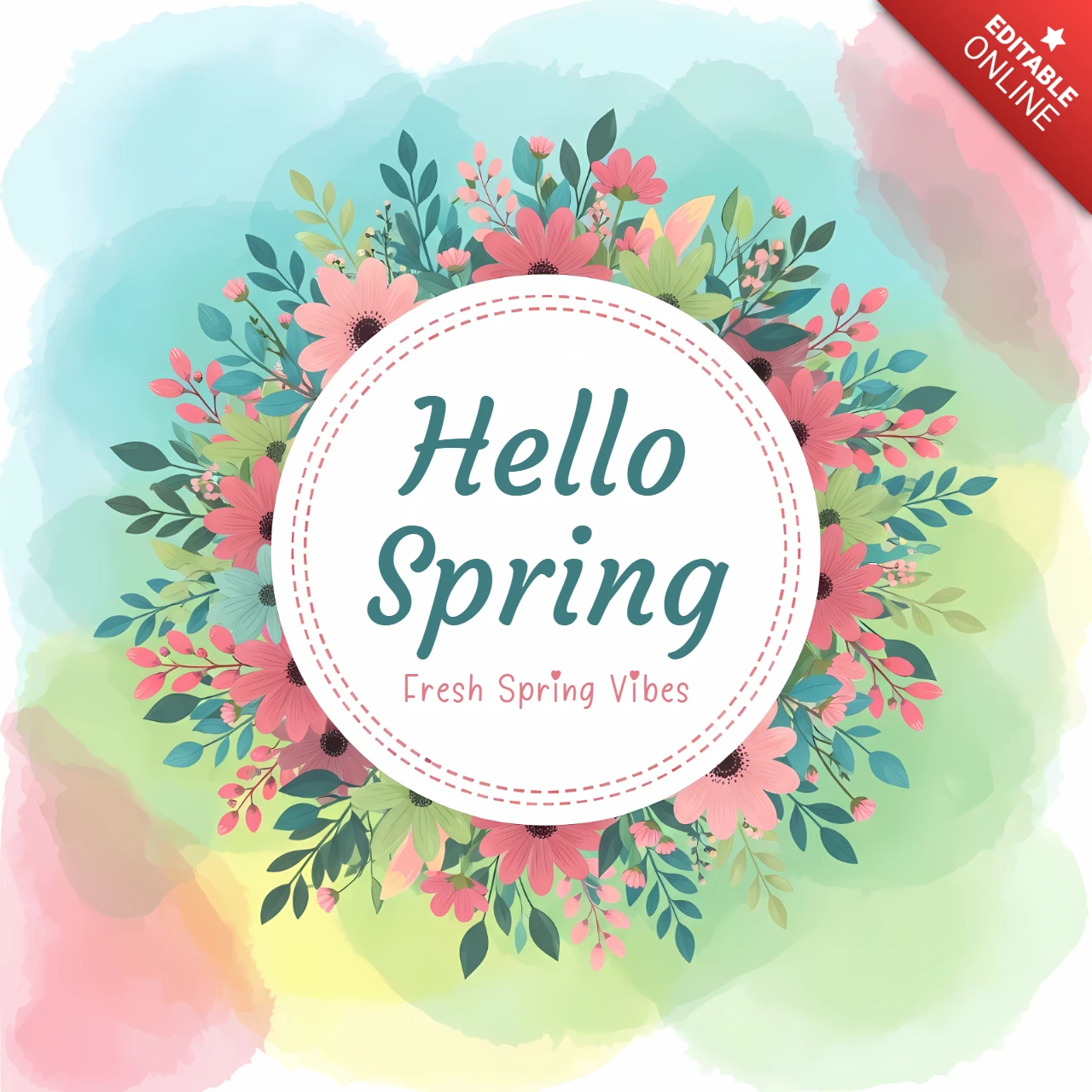 Spring Floral Design Template for Greeting Cards with Watercolor Style