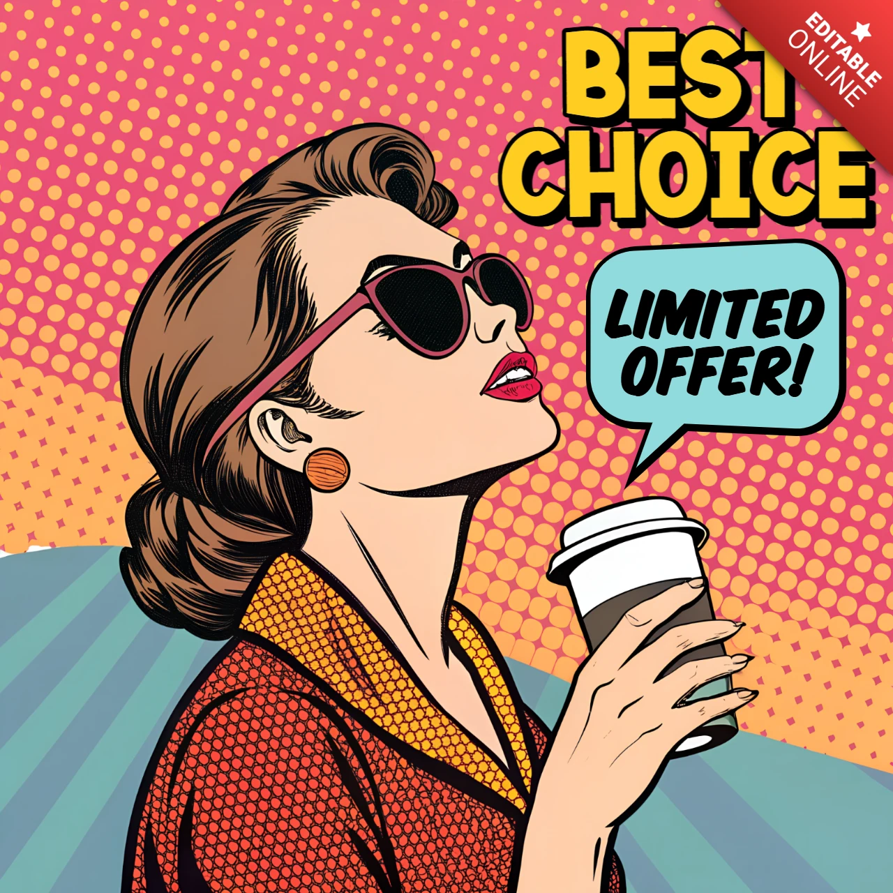 Modèle promotionnel de pop art avec femme rétro pour la conception de flyer d'offre limitée