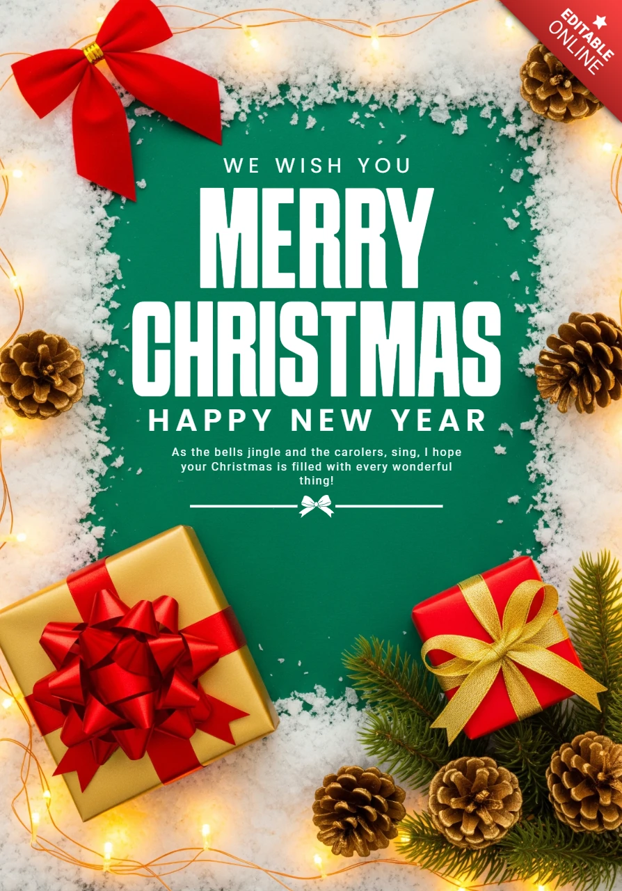 緑のキャンバス、フェスティブなリボン、クリスマスギフトのアレンジメントがある伝統的なホリデーグリーティングカード
