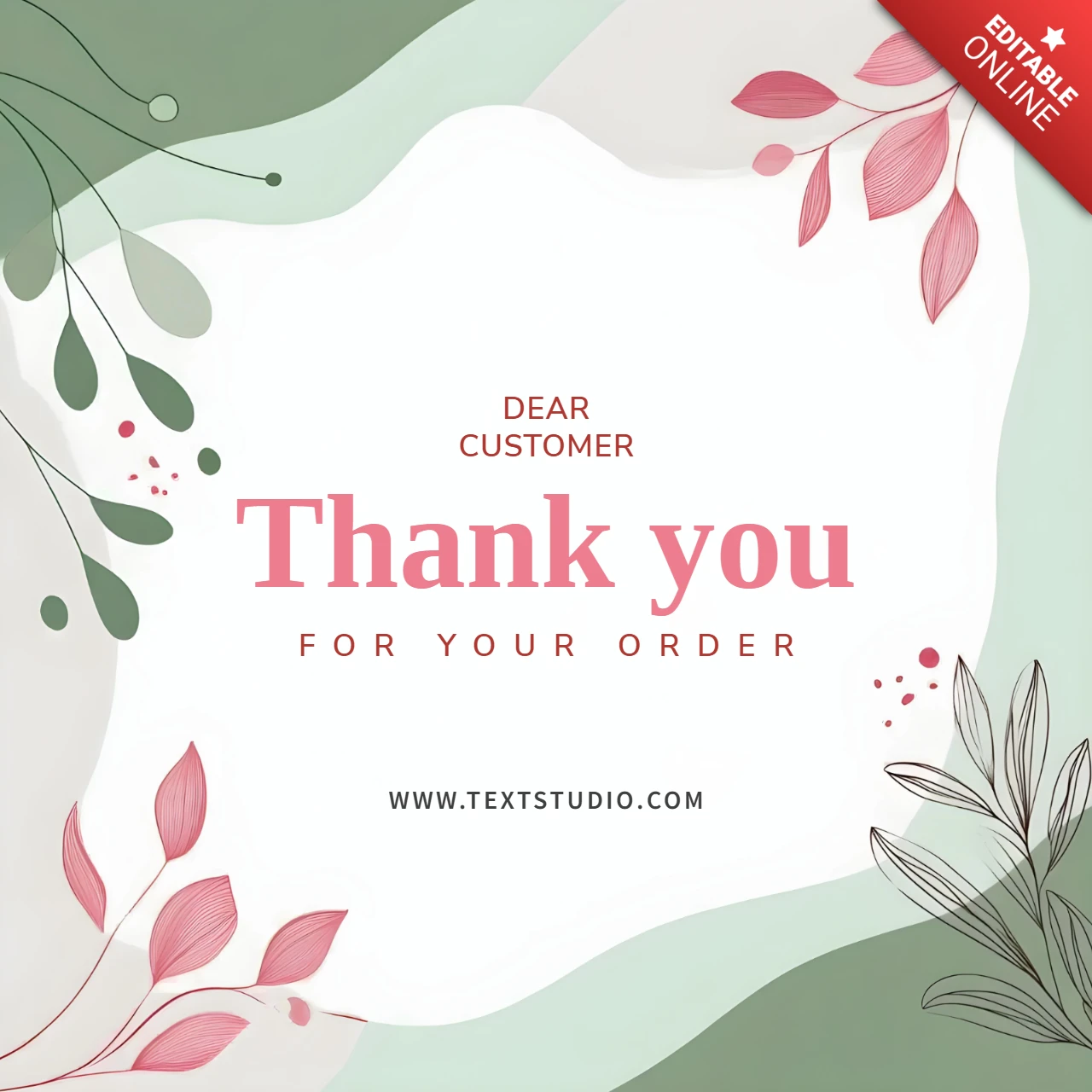 Minimalist Pink and Green Floral Thank You Card Template