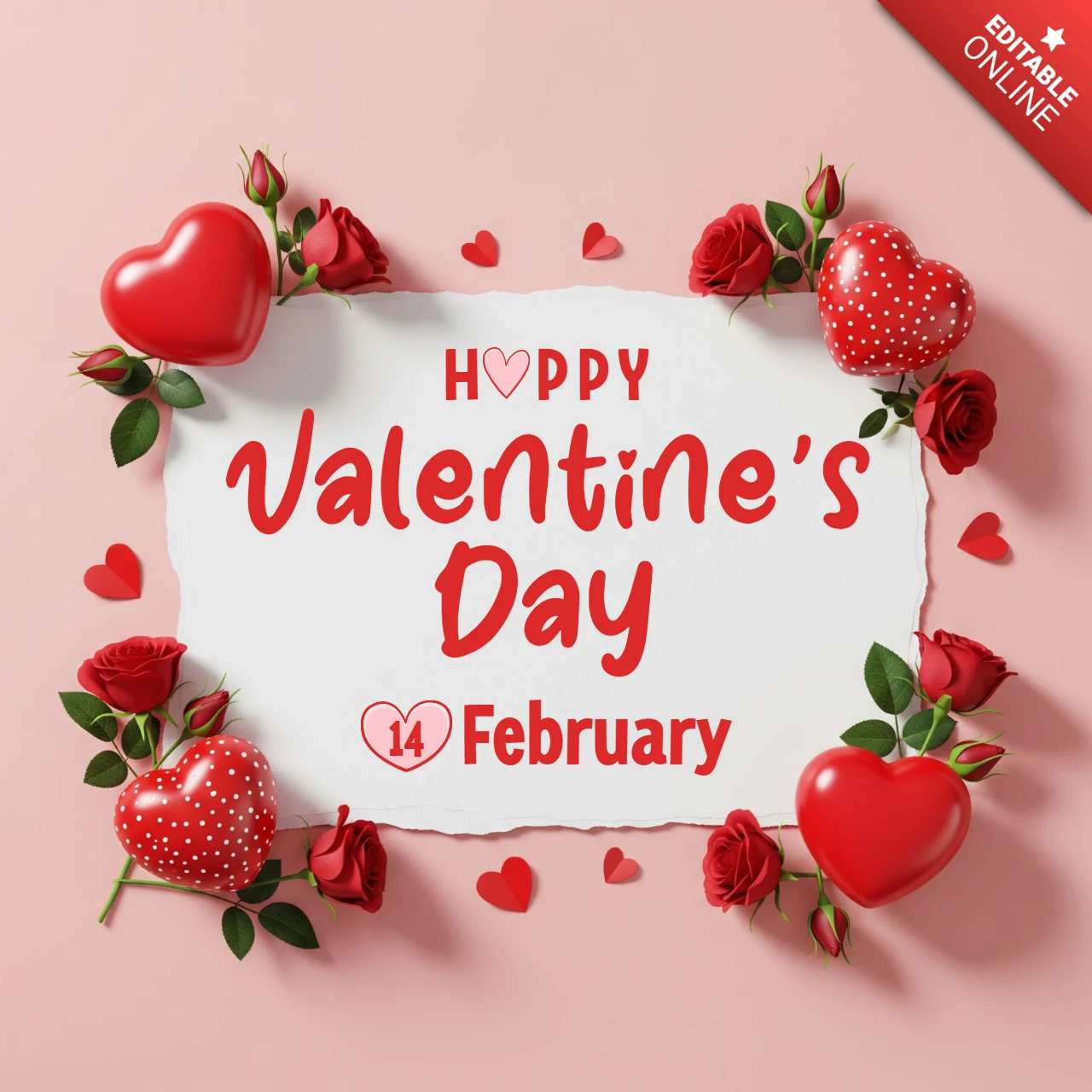 Fondo festivo de San Valentín con texto rojo en negrita, símbolos de corazones y borde de globos florales.