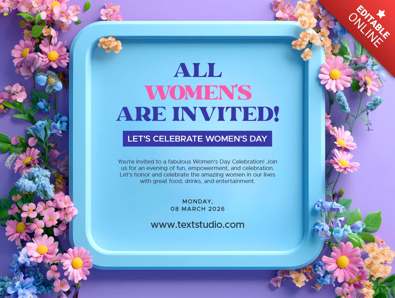 Plantilla floral para la celebración del Día de la Mujer - diseño editable para invitaciones