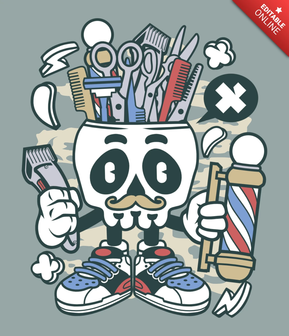 理髪師の頭蓋骨の漫画キャラクターのTシャツデザインテンプレート