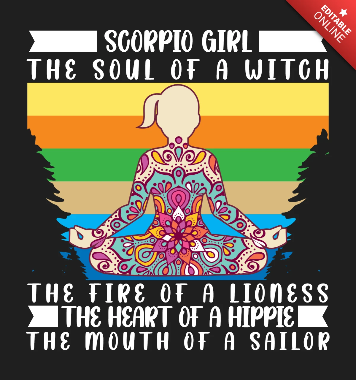 Modèle de t-shirt coloré avec posture de yoga pour la fille du Scorpion