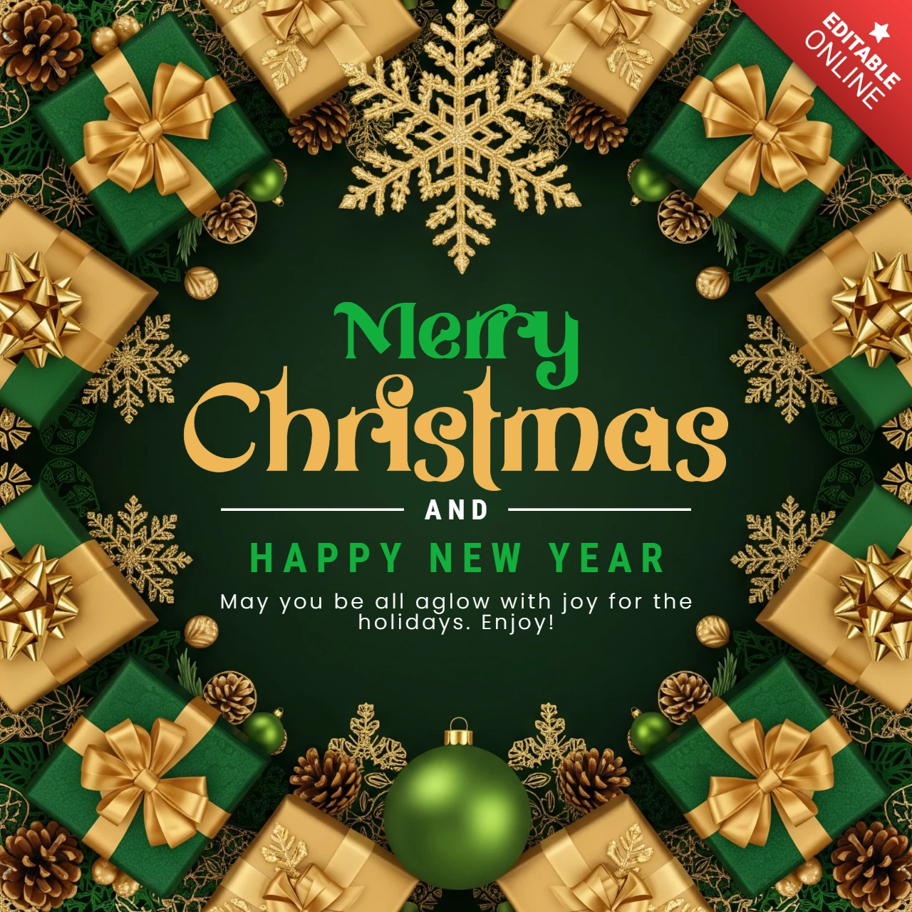 Christmas Festive Holiday Card Featuring Gold & Green Presents, Decorative Ornaments, and Seasonal Pine Accents