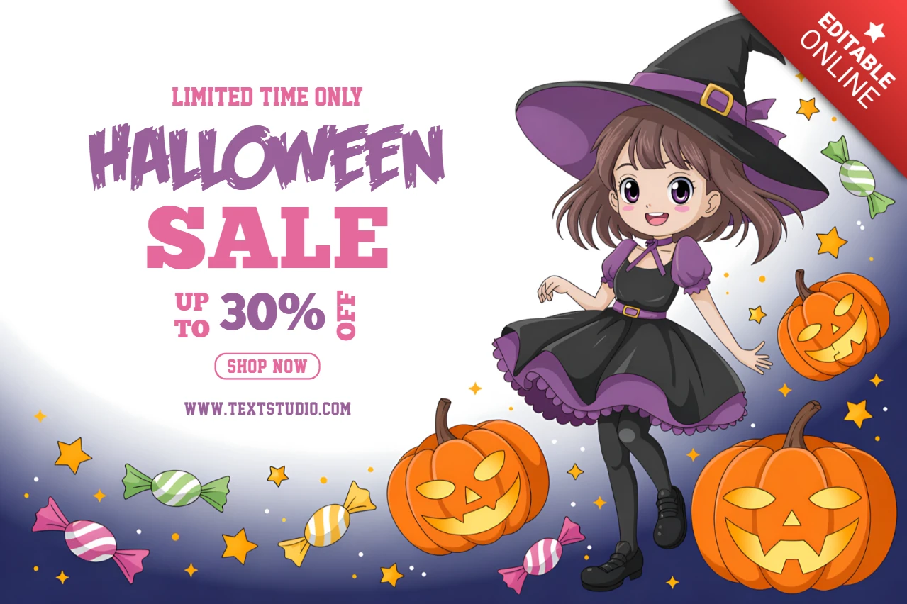 Verspielte Halloween-Verkaufsvorlage mit Chibi-Hexe und Kürbissen für Werbeflyer