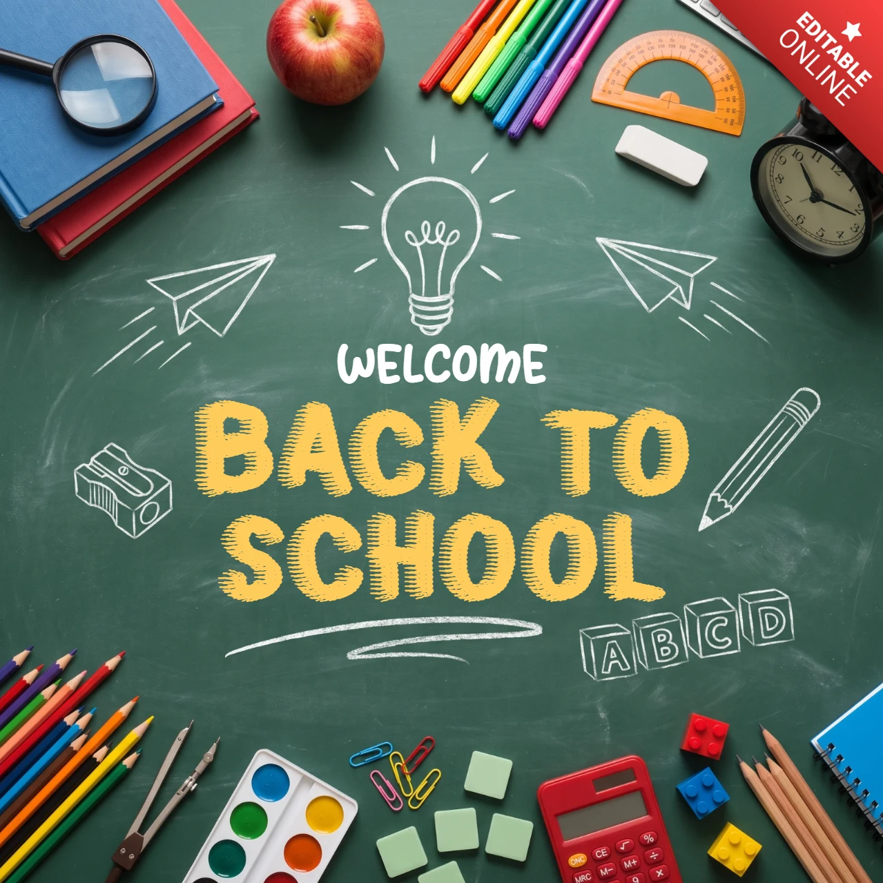 Welcome back to school text with colorful educational supplies on a green chalkboard