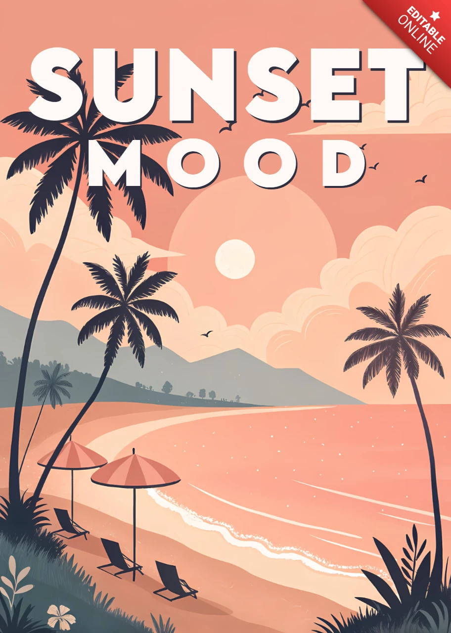 Plantilla de diseño de carteles de ambiente de atardecer en playa tropical