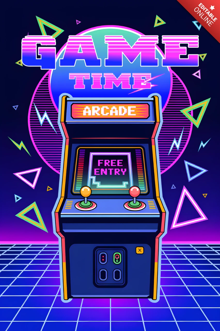 Synthwave Arcade Machine Design for Retro Gaming Poster Template