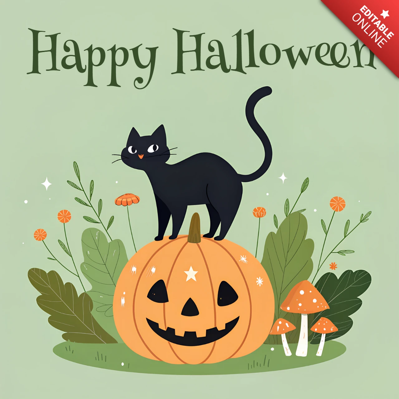 Frohes Halloween Retro-Flachdesign mit schwarzer Katze und Kürbis für Grußkarten und Merchandise
