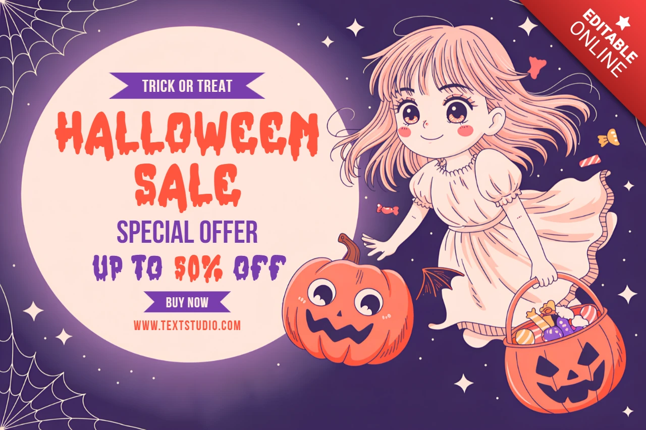 Whimsical Halloween Sale Template with Chibi Girl and Pumpkin Design for Promotional Flyers