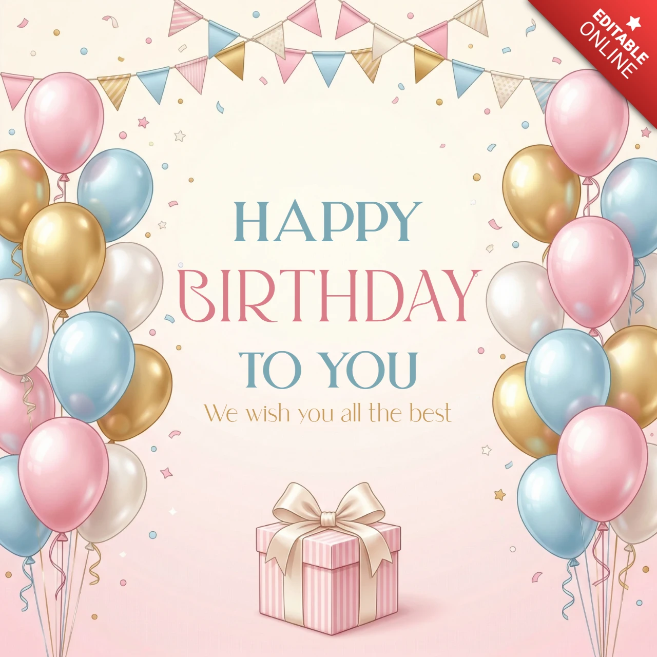 Póster de cumpleaños con globos en tonos pastel de rosa, azul, dorado y blanco, con confeti y caja de regalo para la celebración.
