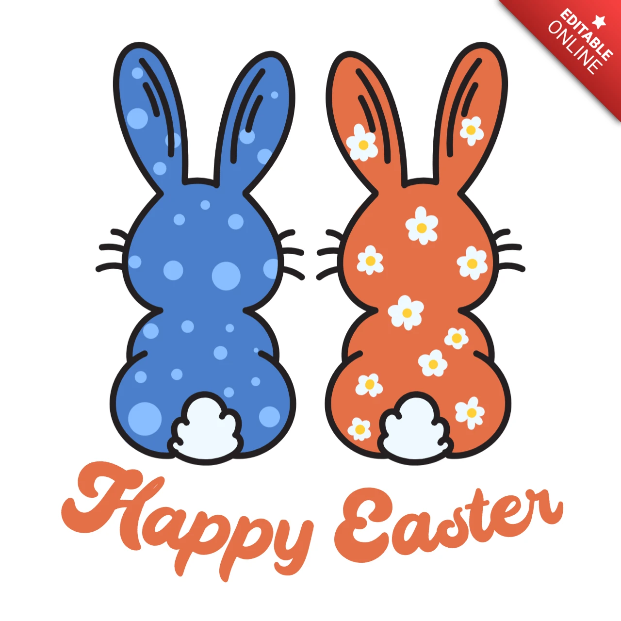 Happy Easter Bunny Blue & Orange Back View Rabbits with Floral & Dot Patterns T-Shirt Design Template