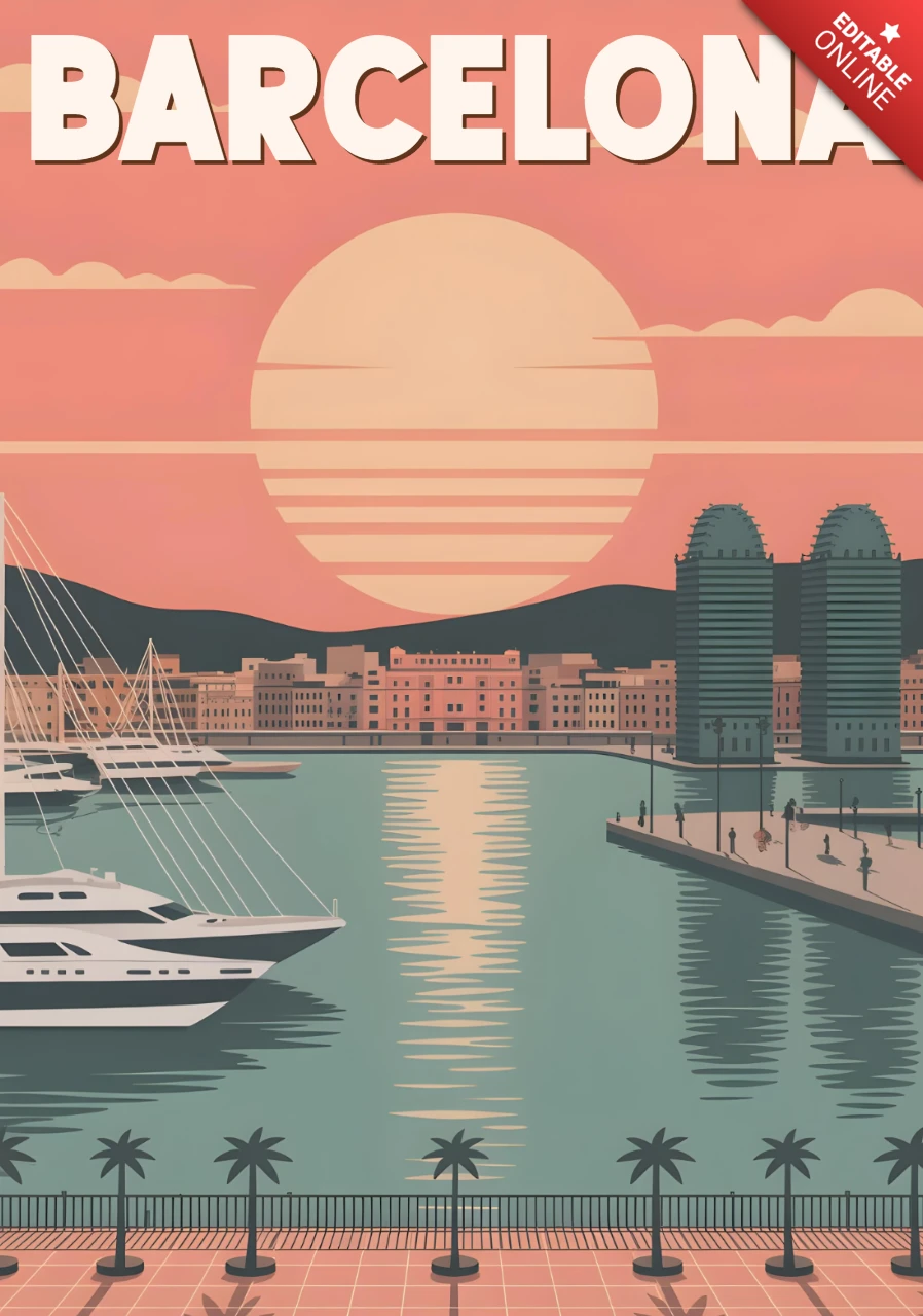 Waterfront Sunset with Yacht, Palm Trees & City Skyline Barcelona Travel Posters Design Template