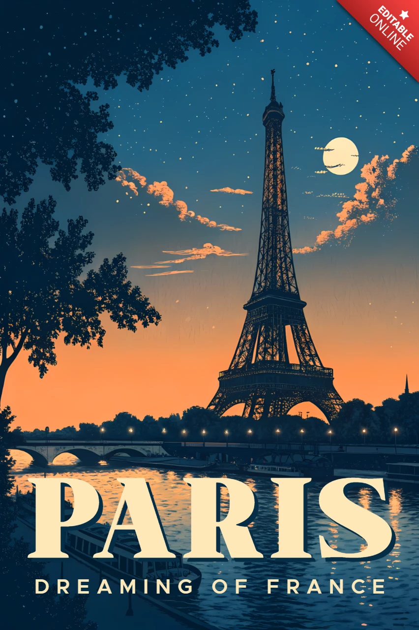 Paris by Night Design Template for Retro Flat Travel Posters