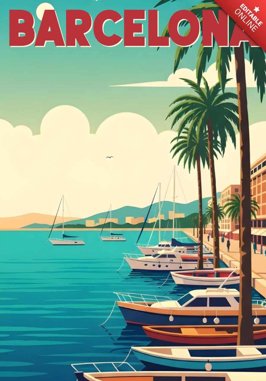 Vintage Marina View with Palm Trees & Boats Barcelona Travel Posters Design Template