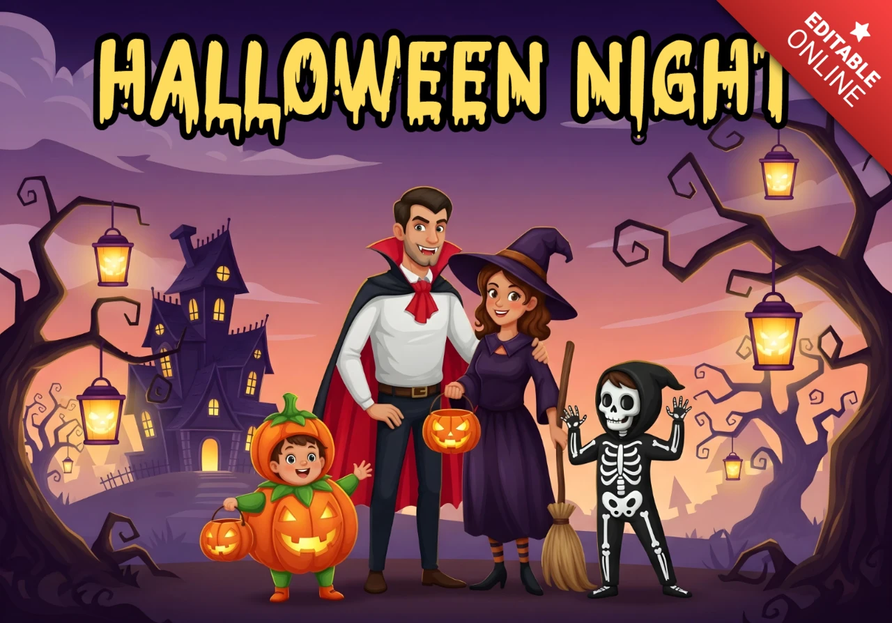 Décor de nuit d'Halloween scène familiale de trick or treat avec des fenêtres lumineuses, des arbres tordus et des citrouilles design modèle pour flyers festifs