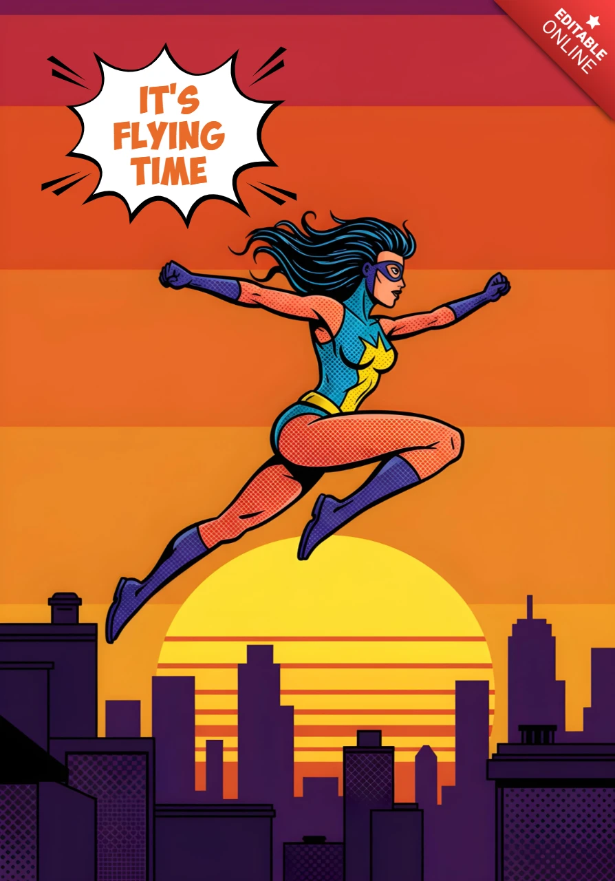 Es hora de volar, superhéroe en azul y amarillo sobre el diseño de cartel del paisaje urbano al atardecer.