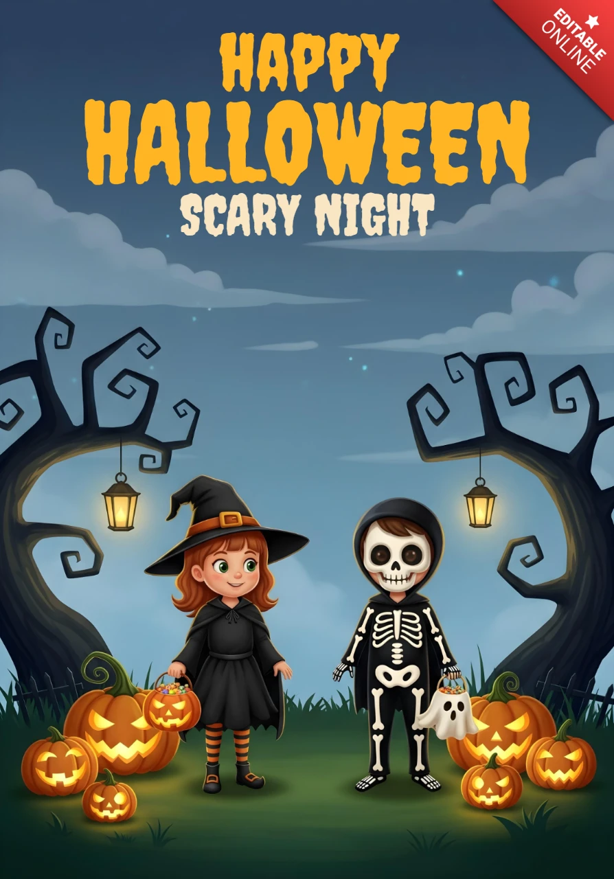Spooky Halloween Decor Cartoon Kids in Haunted Woods with Glowing Lanterns & Festive Text Design Template for Flyers