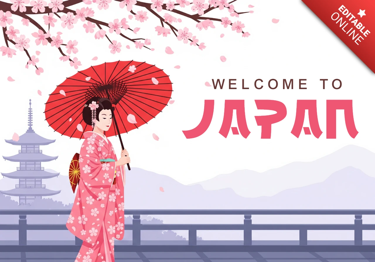Explore a cultura do Japão mulher vestida de quimono em ponte com pagode e flores de cerejeira em cena serena